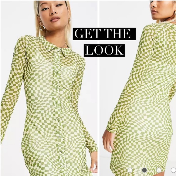 NWT Green & White Checkerboard Print Button Down Mesh Dress - Picture 3 of 12